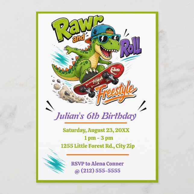 Convites Aniversário de Estilo de Skate Livre de Dinossauro (Frente)