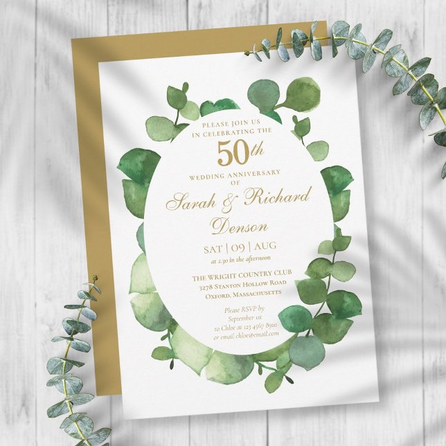 Convites Aniversário de Eucalipto Boho Greenery Dourado 50º (Criador carregado)