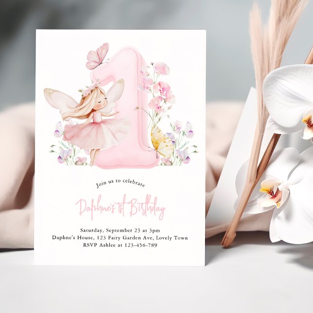 Convites Aniversário de Fada Número Um Rosa para Meninas (Fairy First Birthday Invitation with Pink Number One, Fairy, Sweet Peas and Butterflies)