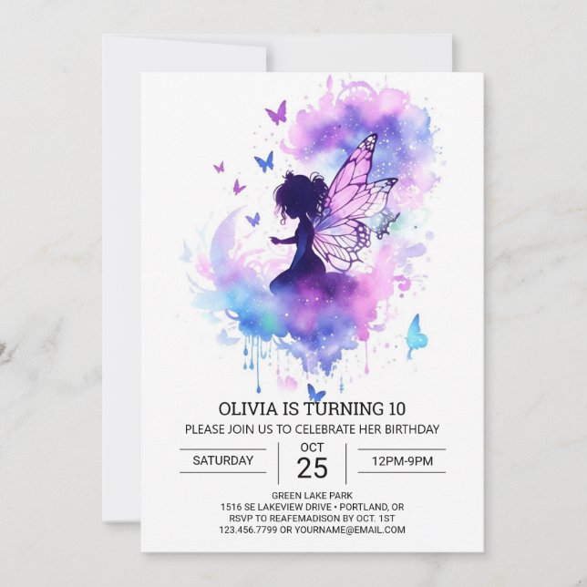 Convites Aniversário de Fada Personalizada da Aquarela (Frente)