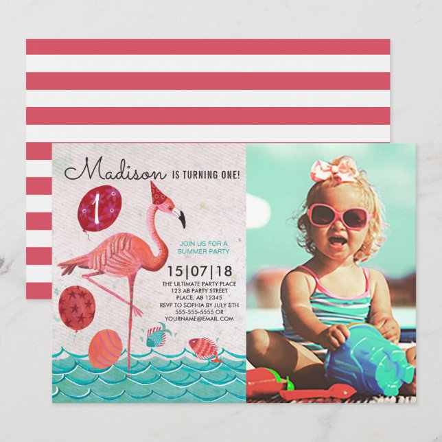 Convites Aniversário de Flamingo rosa e azul turquesa Tropi (Frente/Verso)