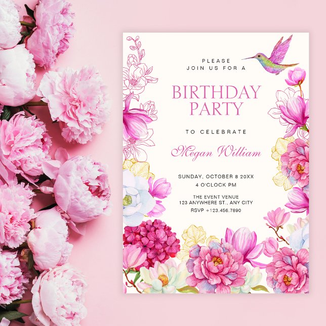 Convites Aniversário de flor de floração rosa (Criador carregado)