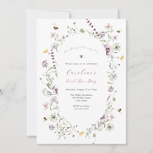 Convites Aniversário de flor selvagem roxa de nossa Abelha (Frente)