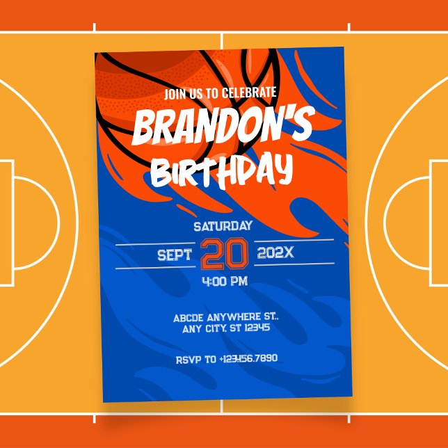 Convites Aniversário de fogo de basquete laranja e azul (Criador carregado)