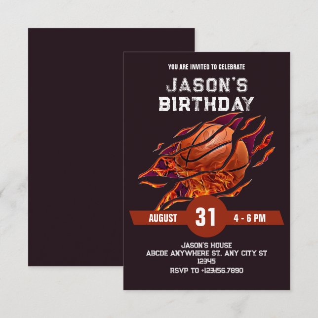 Convites Aniversário de fogo no basquete moderno (Frente/Verso)