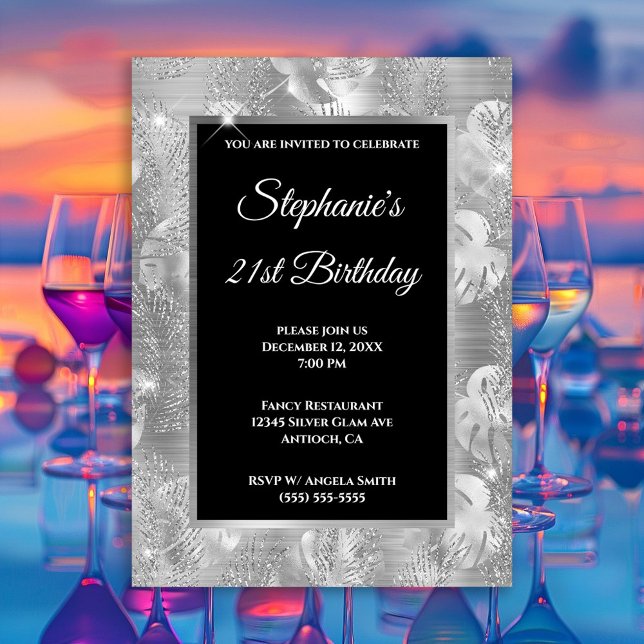 Convites Aniversário de Folhas de Palmeira com Brilho Prate (Silver Glitter Palm and Monstera Leaves Birthday Invitation)