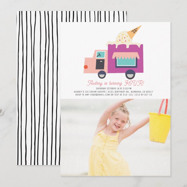 Convites Aniversário de Foto da sorvete Truck Girl (Frente/Verso)