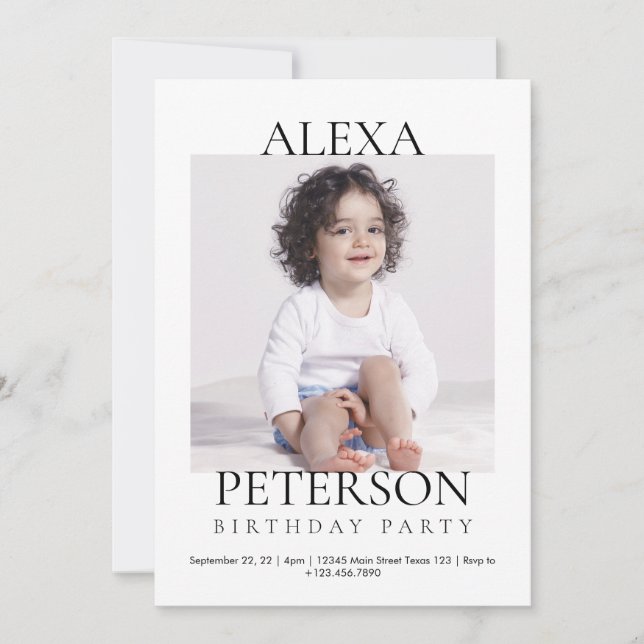 Convites Aniversário de foto minimalista (Frente)