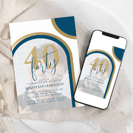 Convites Aniversário de Foto Retro Azul e Dourado 40º