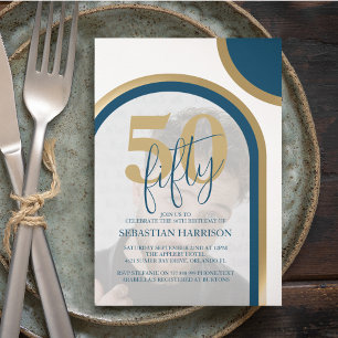 Convites Aniversário de Foto Retro Azul e Dourado 50º