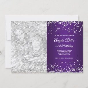 Convites Aniversário de Foto Roxo Real de Silver Glitter