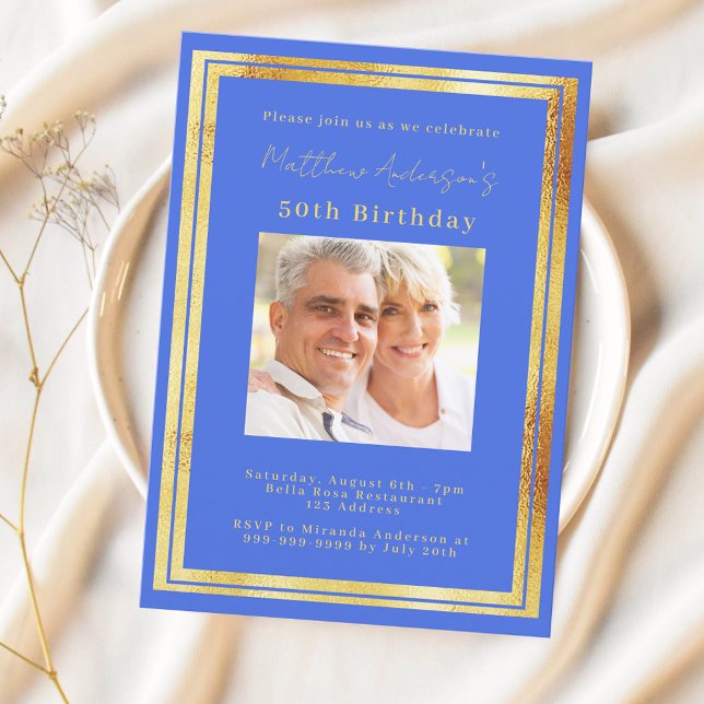 Convites Aniversário de fotografia de ouro azul (Criador carregado)