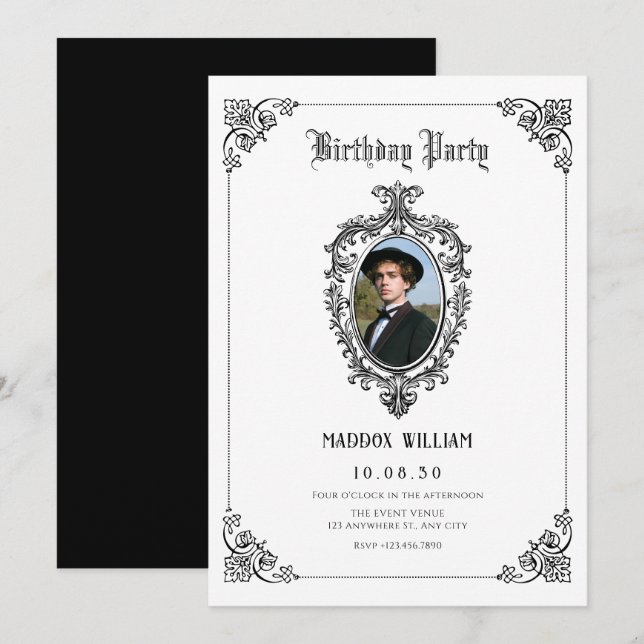 Convites Aniversário de fotografia gótica branca e negra (Frente/Verso)