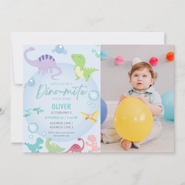 Convites aniversário de fotos do Dosaur piscina (Frente)