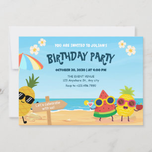 Convites Aniversário de fruta de cartoon de praia de Verão