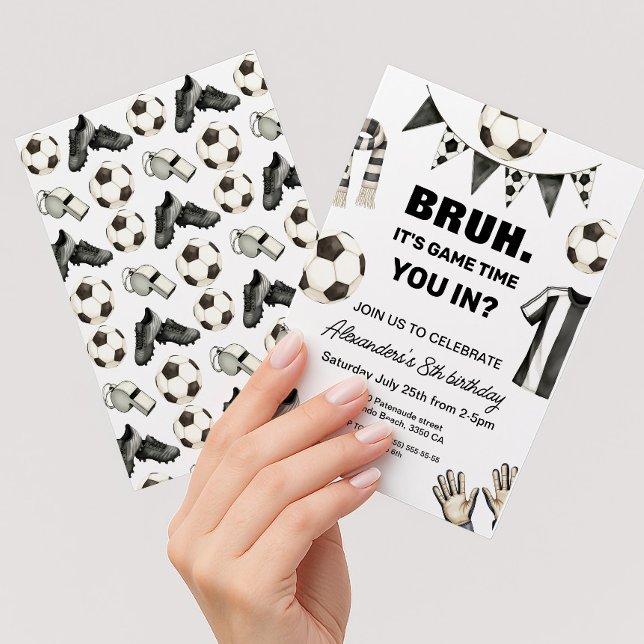 Convites Aniversário de futebol - Bruh É hora do jogo (Modern soccer birthday invitation. Game time, bruh you in?)
