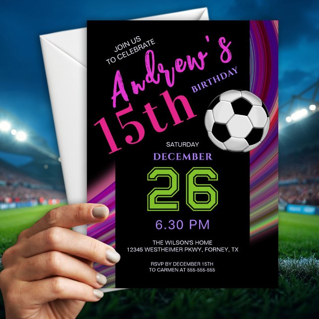 Convites Aniversário de Futebol Neon Multicolor Moderno (Criador carregado)