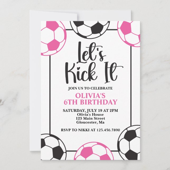 Convites Aniversário de Futebol Rosa e Preto (Frente)