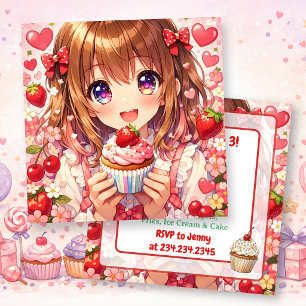 Convites Aniversário de Garota de Anime   Morangos e Bolinh