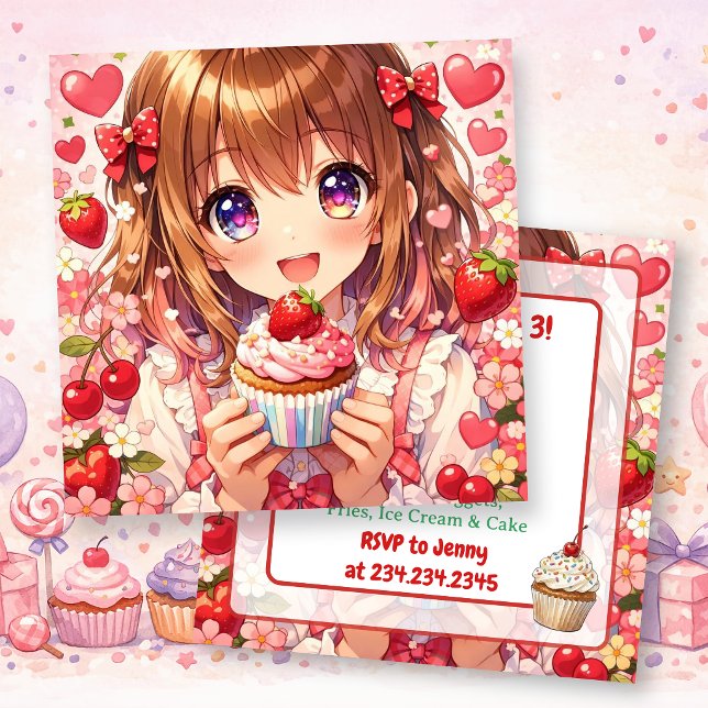 Convites Aniversário de Garota de Anime | Morangos e Bolinh (Criador carregado)