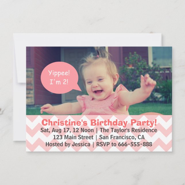 Convites Aniversário De Garota De Chevron Rosa, Bolha De Fa (Frente)