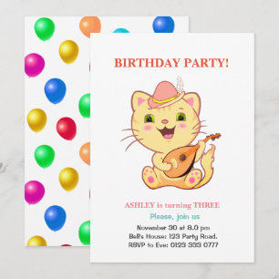 Convites Aniversário de Gatinho Fofo & Balões Multicolorido
