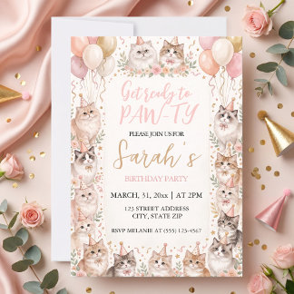 Convites Aniversário de Gatinhos Florais em Pastel e Aquare
