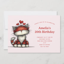 Aniversário de Gato Fofo com Corações de Amor Verm