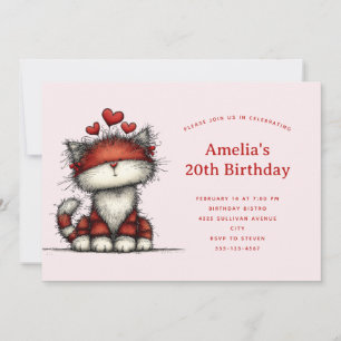 Convites Aniversário de Gato Fofo com Corações de Amor Verm