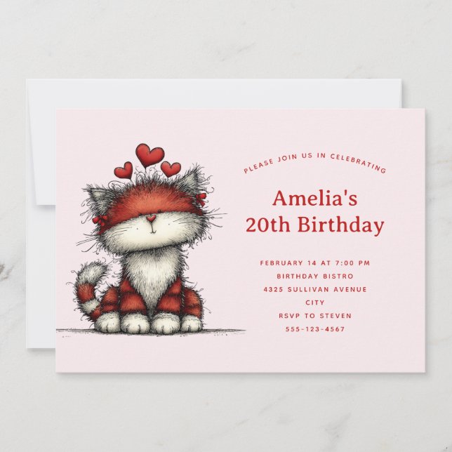 Convites Aniversário de Gato Fofo com Corações de Amor Verm (Frente)