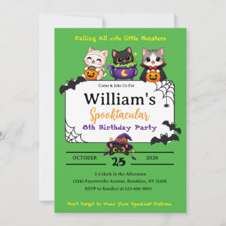 Convites Aniversário de Gato Fofo de Halloween - Fundo Verd