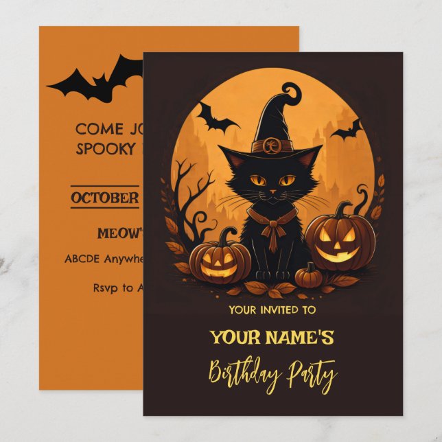Convites Aniversário de gato no halloween  (Frente/Verso)