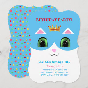 Convites Aniversário de Gato Prince de Tuxedo Turquesa e Br