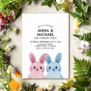 Convites Aniversário de Gêmeos com coelhos azuis e rosa