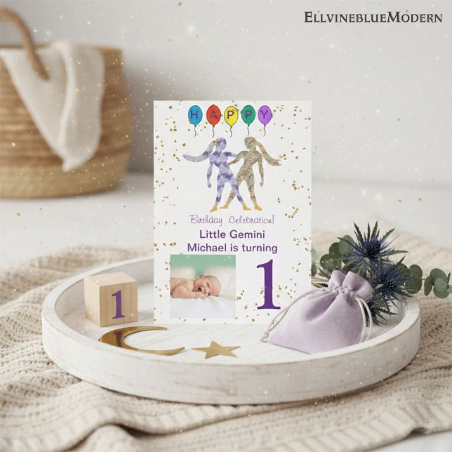 Convites Aniversário de Gêmeos com Ouro, Balões e Foto (Gemini 5” x 7” Photo Invite. Visit Gemini Zodiac Birthday Party Collection for more items.)