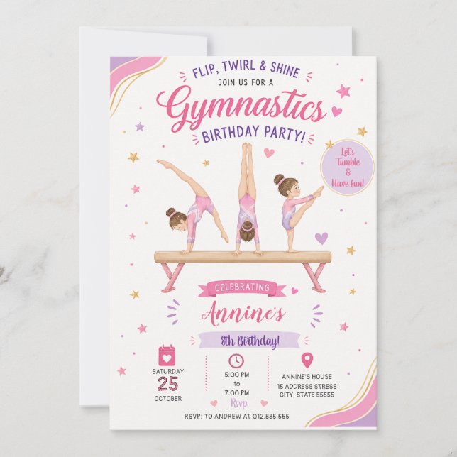 Convites Aniversário de Ginástica com Brilho Personalizado (Frente)