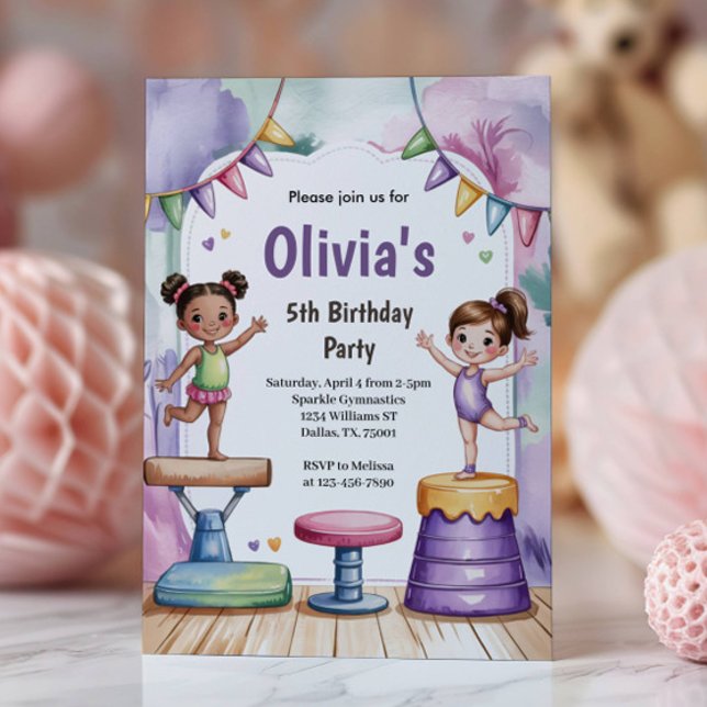 Convites Aniversário de Ginástica Infantil Aquarela Fofa (Criador carregado)