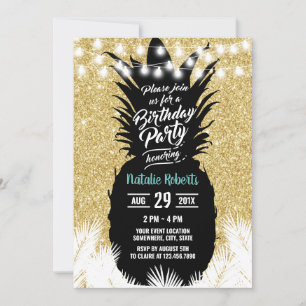 Convites Aniversário de Glitter Dourado e Moderno do Ananás