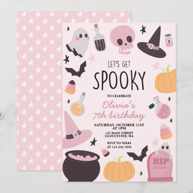 Convites Aniversário de Halloween Assustador Rosa (Frente/Verso)
