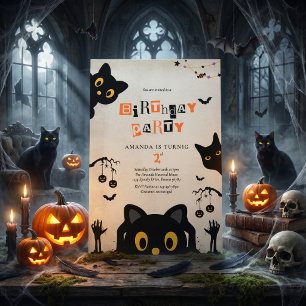 Convites Aniversário de Halloween de Gato Preto Fofo