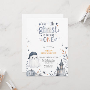 Convites Aniversário de Halloween Fantasma Fofo Aquarela Az