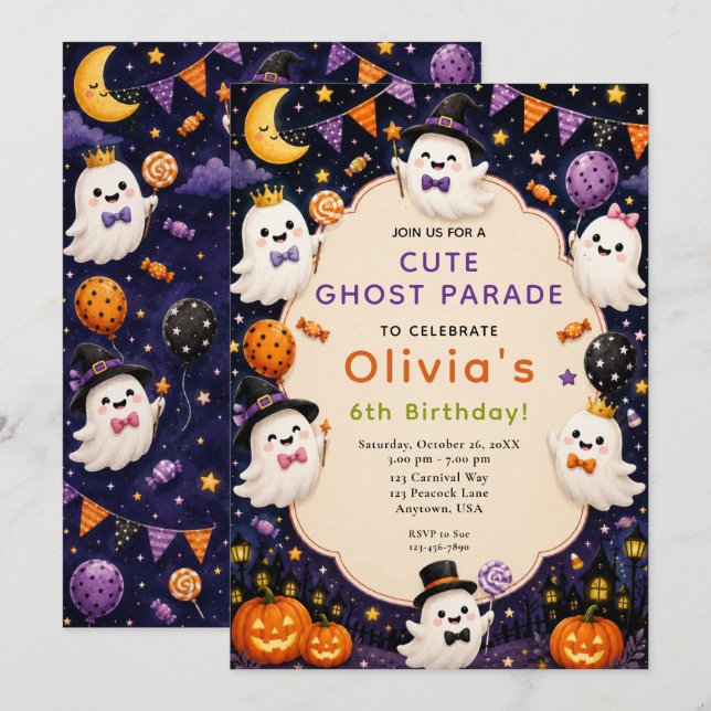 Convites Aniversário de Halloween Fantasminha Fofa (Frente/Verso)