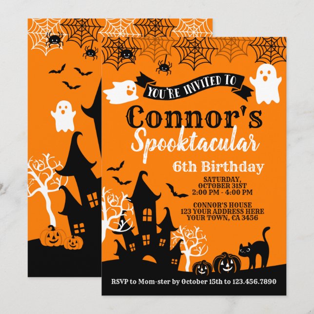 Convites Aniversário de Halloween Laranja e Preto (Frente/Verso)