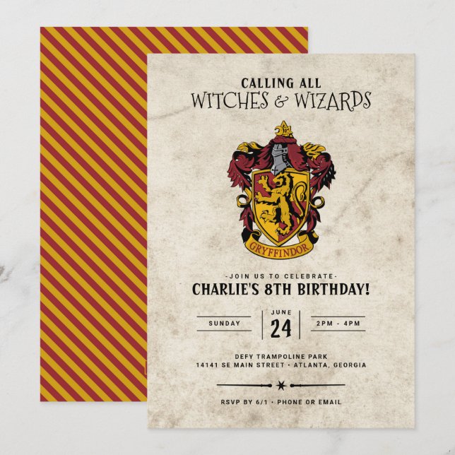 Convites Aniversário de Harry Potter | Gryffindor (Frente/Verso)