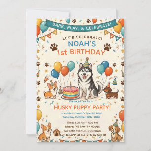 Convites Aniversário de Husky Fofa e Amigos Cachorros