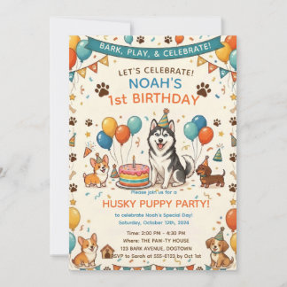 Convites Aniversário de Husky Fofa e Amigos Cachorros