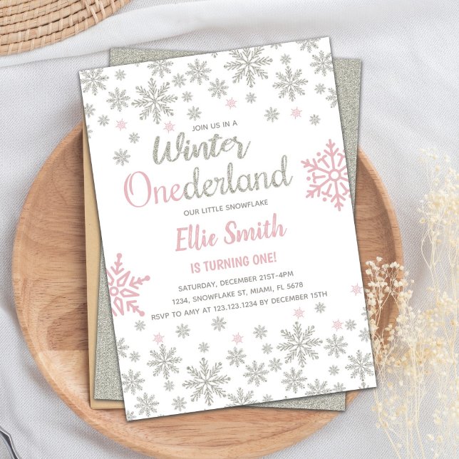 Convites Aniversário de inverno com Floco de Neve Rosa Pers (Pink Silver SnowFlake Winter Birthday Onederland Invitation)