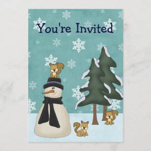 Convites Aniversário de inverno de Snowman e esquilos