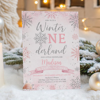 Convites Aniversário de Inverno Onederland Rosa Flocos de N