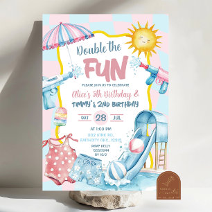 Convites Aniversário de Irmãos com Piscina Rosa e Azul Groo